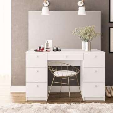 Boahaus Artemisia Vanity Desk with 7 Drawers, LED Lights, Crystal Knobs, White