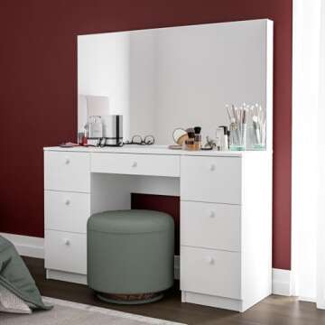 Boahaus Artemisia Vanity Desk with 7 Drawers, LED Lights, Crystal Knobs, White