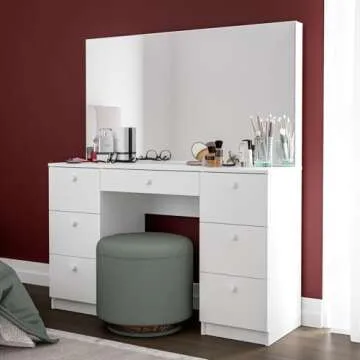 Boahaus Artemisia Vanity Desk with 7 Drawers, LED Lights, Crystal Knobs, White