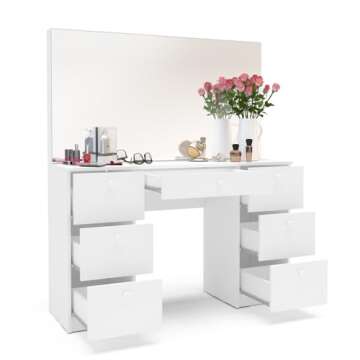 Boahaus Artemisia Vanity Desk with 7 Drawers, LED Lights, Crystal Knobs, White