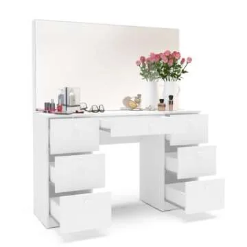 Boahaus Artemisia Vanity Desk with 7 Drawers, LED Lights, Crystal Knobs, White