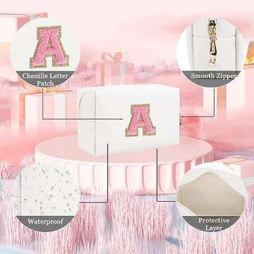 HENGNI Small Personalized Letter Makeup Bag, Cute PU Leather Chenille Letters Cosmetic Bag Travel Makeup Pouch, Preppy Travel Organizer Zipper Pouch for Women&Girls（WhitePink-A）