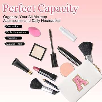 HENGNI Small Personalized Letter Makeup Bag, Cute PU Leather Chenille Letters Cosmetic Bag Travel Makeup Pouch, Preppy Travel Organizer Zipper Pouch for Women&Girls（WhitePink-A）