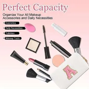 HENGNI Small Personalized Letter Makeup Bag, Cute PU Leather Chenille Letters Cosmetic Bag Travel Makeup Pouch, Preppy Travel Organizer Zipper Pouch for Women&Girls（WhitePink-A）