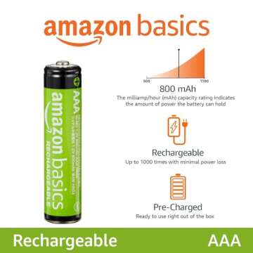 Amazon Basics 16-Pack Rechargeable AAA NiMH Performance Batteries, 800 mAh, Recharge up to 1000x Tim...