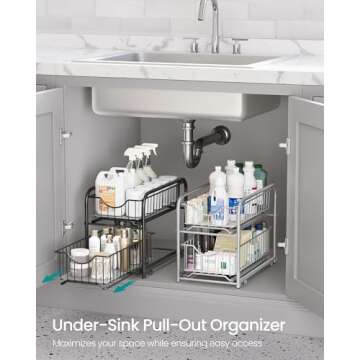SONGMICS 2-Tier Adjustable Pull Out Organizer - Stackable and Versatile for Home Storage Solutions
