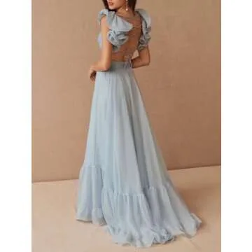 Lawncedw Women's Chiffon Bridesmaid Dresses Ruffle Backless Prom Dresses V Neck A Line Formal Evenin...