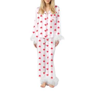 KMBANGI Women Valentine's Day Pajamas Set Heart Print Silk Satin Pjs Feather Trim Long Sleeve Shirt ...