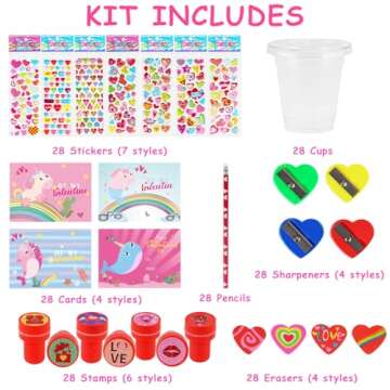 Advoxa Valentines Day Gifts for Kids - 28 Packs Valentines Stationery with Cards and Cups, Valentines Gift Exchange Classroom Prize Rewards Party Favors Toys
