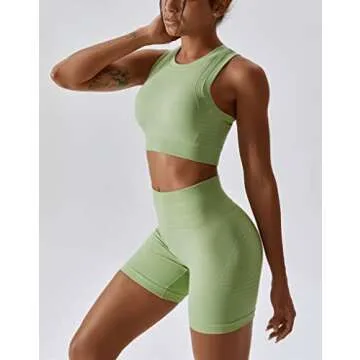 ABOCIW Workout Sets for Women Seamless Racerback Sport Bra Padded Yoga Tank Tops Tummy Control High Waist Biker Shorts Gym Yoga 2 Piece Outfits Light Green Medium