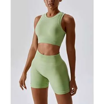 ABOCIW Workout Sets for Women Seamless Racerback Sport Bra Padded Yoga Tank Tops Tummy Control High Waist Biker Shorts Gym Yoga 2 Piece Outfits Light Green Medium