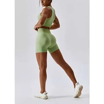 ABOCIW Workout Sets for Women Seamless Racerback Sport Bra Padded Yoga Tank Tops Tummy Control High Waist Biker Shorts Gym Yoga 2 Piece Outfits Light Green Medium