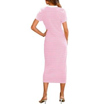 BTFBM Women Casual Summer Dresses Short Sleeve Striped Midi Dresses Decorative Button Ribbed Knit Dr...