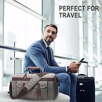 Duffle Bag for Men Waterproof Genuine Leather Canvas Travel Duffel Bags for Women Overnight Weekender Bag for Traveling, Grey