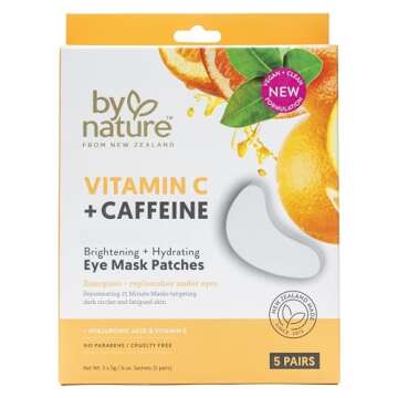 By Nature Vitamin C + Caffeine Brightening + Hydrating Under Eye Mask Patches - Energizing + Replenishing Eye Patches for Dark Circles - Skincare from New Zealand - Under Eye Patches - 5 Pairs