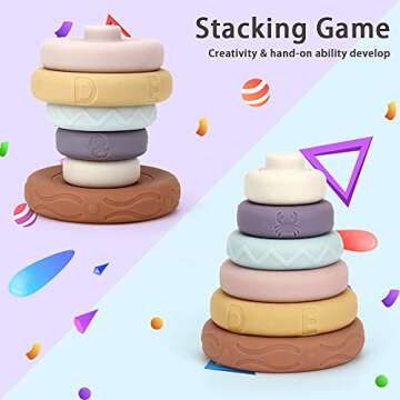 Mini Tudou Stacking & Nesting Circle Toy,6 Pcs Soft Building Rings Stacker & Teethers,Squeeze Play w...