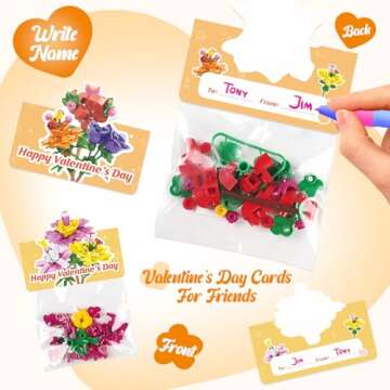 Valentines Day Gifts for Kids - 24 Pack Prefilled Valentine's Day Cards with Flower Building Blocks Crafts for School Classroom Class Party Favor, Valentines Gifts Bulk Exchange for Boys Girls Teens
