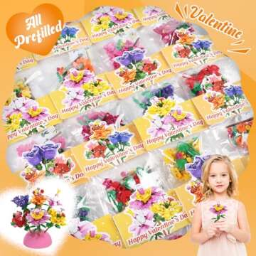 Valentines Day Gifts for Kids - 24 Pack Prefilled Valentine's Day Cards with Flower Building Blocks Crafts for School Classroom Class Party Favor, Valentines Gifts Bulk Exchange for Boys Girls Teens