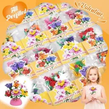 Valentines Day Gifts for Kids - 24 Pack Prefilled Valentine's Day Cards with Flower Building Blocks Crafts for School Classroom Class Party Favor, Valentines Gifts Bulk Exchange for Boys Girls Teens