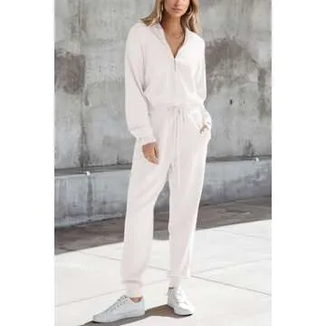 PRETTYGARDEN Women's 2 Piece Sweater Set Pullover Zip Up Sweatshirt Jogger Sweatpants Tracksuit Casual Outfit (White,Medium)