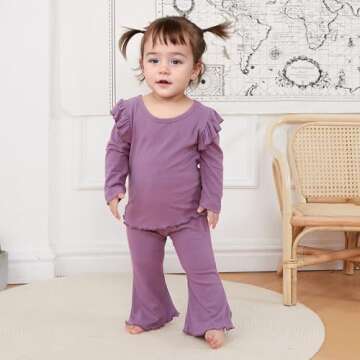 Kupretty Baby Girl Clothes Fall Solid Ribbed Knit Ruffle T-Shirt Tee & Flare Pants Set Toddler Bell-bottoms Outfit (Purple, 18-24 Months)