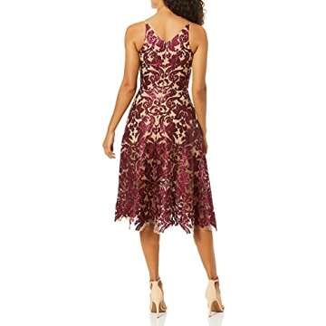 Dress the Population Women's Blair Plunging Fit and Flare Midi Dress Dress, Berry/Nude, M