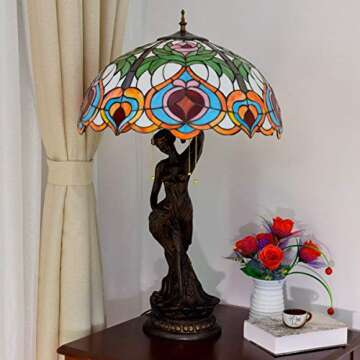 Vintage Table Lamp Tiffany Style Handmade Peach Stained Glass Desk Lamp Antique Belle 3-Light Bedside Lamp for Bedroom Living Room, 20-Inch