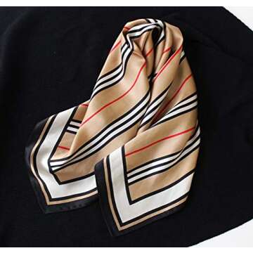 JERLA Women's Men's Small Square 100% Real Mulberry Silk satin Scarfs Hair head face scarf 21" x 21" (Stripe khaki)