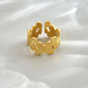 NONAMOIS 18K Gold Plated Stainless Steel Butterfly Design Adjustable Ring for Women Dainty Open Stackable Ring Non Tarnish Minimalist Trendy Jwelry