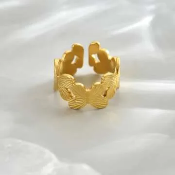 NONAMOIS 18K Gold Plated Stainless Steel Butterfly Design Adjustable Ring for Women Dainty Open Stackable Ring Non Tarnish Minimalist Trendy Jwelry