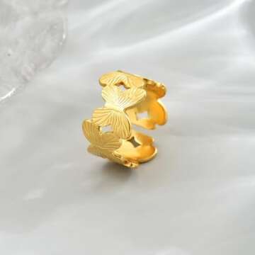 NONAMOIS 18K Gold Plated Stainless Steel Butterfly Design Adjustable Ring for Women Dainty Open Stackable Ring Non Tarnish Minimalist Trendy Jwelry