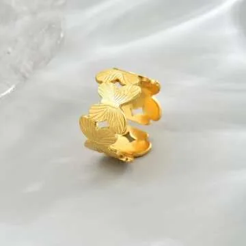 NONAMOIS 18K Gold Plated Stainless Steel Butterfly Design Adjustable Ring for Women Dainty Open Stackable Ring Non Tarnish Minimalist Trendy Jwelry