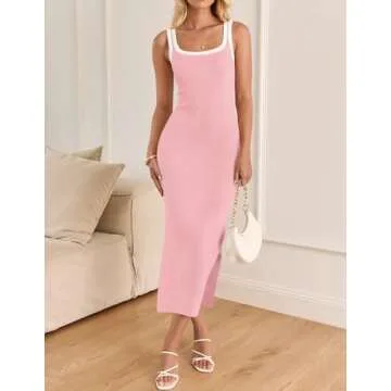 ZESICA Women's 2025 Summer Bodycon Midi Dress Casual Sleeveless Square Neck Side Slit Knit Vacation ...