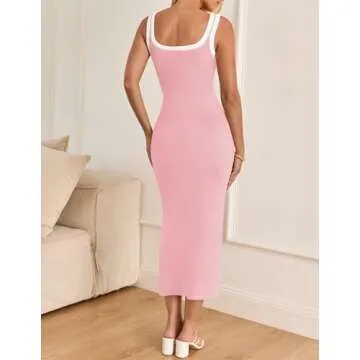 ZESICA Women's 2025 Summer Bodycon Midi Dress Casual Sleeveless Square Neck Side Slit Knit Vacation Long Dresses,Pink,Small
