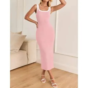 ZESICA Women's 2025 Summer Bodycon Midi Dress Casual Sleeveless Square Neck Side Slit Knit Vacation Long Dresses,Pink,Small