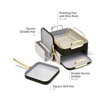 Caraway Square Cookware Set - Square Pans Set - Perfect for Griddling, Toasting, Searing, Roasting, and More - Non-Stick Ceramic Coated Pans - Non Toxic, PTFE & PFOA Free - Black