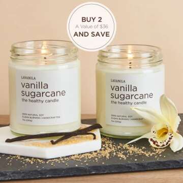 Lavanila Vanilla Sugarcane Scented Candles (Set of 2) - Natural Soy, Clean Burning, Handcrafted, Clean Burning 50 Hour Burn Time, 7 oz Each