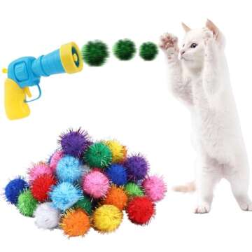 Dorhui Cat Toy Gun Launcher, 30 Pcs Sparkle Pom Pom Balls for Cat and Cat Ball Launcher, Cat Fetch T...