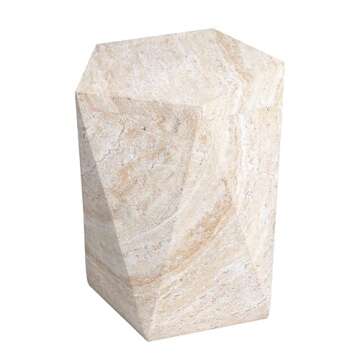 Empire Art Direct Pentagon Travertine Stone Finish Italian Design MgO Side Accent Table, Living Room, Bedroom & Office, 16"x16"x18.6"