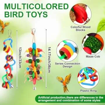 VioraWhite 4 Pcs Christmas Bird Toys Parrot Toys Nature Wood Chewing Toys with Multicolored Blocks for Small and Medium Birds African Grey Parrots Cockatiels Parakeets Budgie Love Birds(Green)