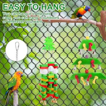 VioraWhite 4 Pcs Christmas Bird Toys Parrot Toys Nature Wood Chewing Toys with Multicolored Blocks for Small and Medium Birds African Grey Parrots Cockatiels Parakeets Budgie Love Birds(Green)