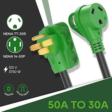 RVGUARD 50 Amp to 30 Amp RV Adapter Cord 12 Inch, NEMA 14-50P to NEMA TT-30R, Dogbone Electrical Converter with LED Power Indicator and Disconnect Handle, Green, ETL Listed