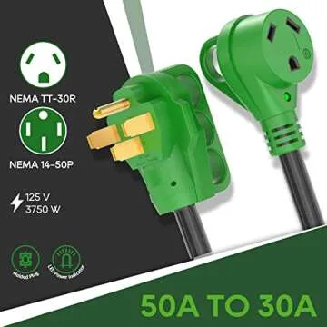 RVGUARD 50 Amp to 30 Amp RV Adapter Cord 12 Inch, NEMA 14-50P to NEMA TT-30R, Dogbone Electrical Converter with LED Power Indicator and Disconnect Handle, Green, ETL Listed