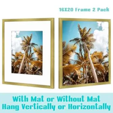 Frametory, 16x20 Picture Frame with Mat for 11x14 Picture- - High Definition Glass Wide Molding - Preinstalled Wall Mounting Hardware (Gold, 1 Pack)