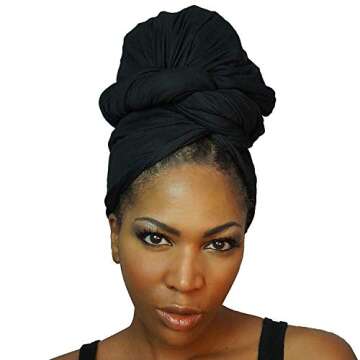 Stretch Head Wraps for Women | Extra Long Jersey Knit Turbans| Soft Cotton African Head wrap Scarf | BLACK HEAD WRAP