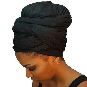 Stretch Head Wraps for Women | Extra Long Jersey Knit Turbans| Soft Cotton African Head wrap Scarf | BLACK HEAD WRAP