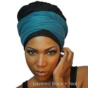 Stretch Head Wraps for Women | Extra Long Jersey Knit Turbans| Soft Cotton African Head wrap Scarf | BLACK HEAD WRAP