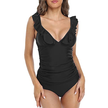 Hilor Women's Ruffled Tankini Swimsuits Shirred Tummy Control Swimwear V Neck Two Piece Bathing Suits Black 12