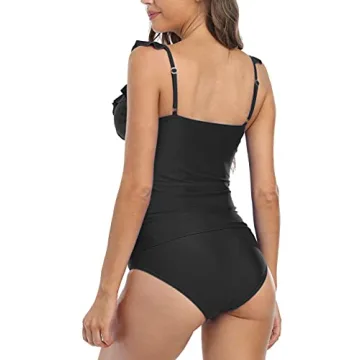Hilor Women's Ruffled Tankini Swimsuits Shirred Tummy Control Swimwear V Neck Two Piece Bathing Suits Black 12