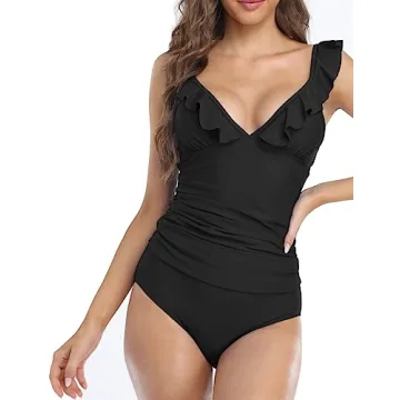 Hilor Women's Ruffled Tankini Swimsuits Shirred Tummy Control Swimwear V Neck Two Piece Bathing Suits Black 12